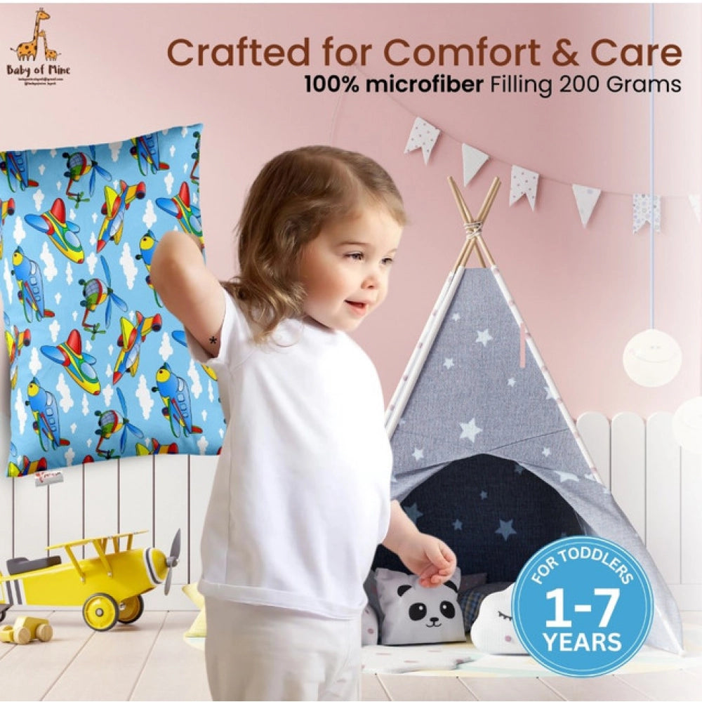 Blue soft plush printed baby pillow for kids age 1-5 years, rectangular bed pillow shape for comfort
