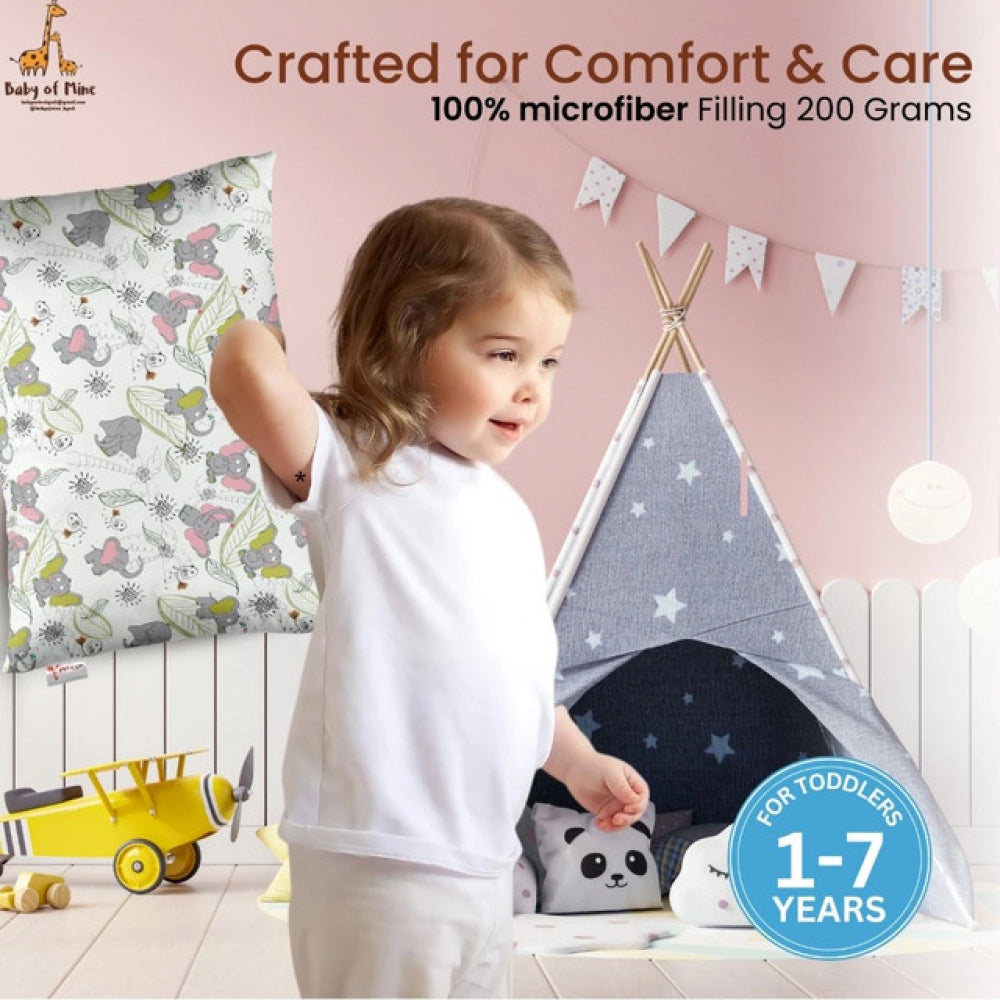 Off-white soft plush printed baby pillow for kids ages 1-5 years, rectangular bed pillow design with vibrant print details