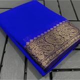 Women's Crepe Chit Pallu Solid Saree With Unstitched Blouse 5.5Mtr (Navy Blue)