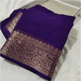 Purple crepe chit pallu solid saree with unstitched blouse, vibrant Indian women's fashion wear on mannequin