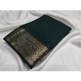 Bottle green crepe chit pallu solid saree with unstitched blouse, 5.5mtr length for Indian women's fashion