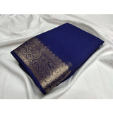 Women's Crepe Chit Pallu Solid Saree With Unstitched Blouse 5.5Mtr (Blue)