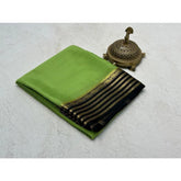 Green crepe chit pallu solid saree with unstitched blouse, 5.5mtr length