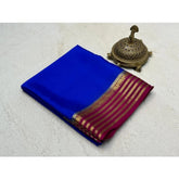 Navy blue crepe chit pallu solid saree with unstitched blouse, 5.5mtr length for women's traditional Indian wear