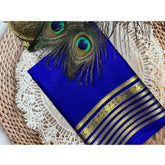 Blue crepe chit pallu solid saree with unstitched blouse, 5.5mtr length