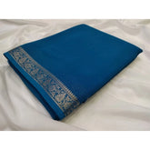 Teal blue crepe chit pallu solid saree with unstitched blouse, 5.5Mtr length for women's traditional Indian wear