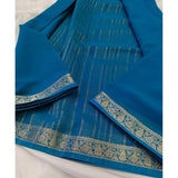 Women's Crepe Chit Pallu Solid Saree With Unstitched Blouse 5.5Mtr (teal blue)