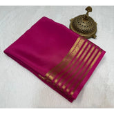 Pink crepe chit pallu solid saree with unstitched blouse, 5.5mtr length on model