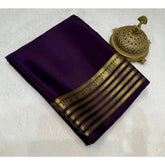 Dark purple crepe chit pallu solid saree with unstitched blouse, 5.5Mtr - traditional Indian women's attire on hanger
