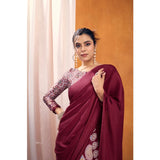 Women's Satin Crepe Printed Saree With Unstitched Blouse 5.5Mtr (Maroon)