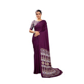 Women's Satin Crepe Printed Saree With Unstitched Blouse 5.5Mtr (Purple)