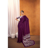 Women's Satin Crepe Printed Saree With Unstitched Blouse 5.5Mtr (Purple)