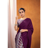 Women's Satin Crepe Printed Saree With Unstitched Blouse 5.5Mtr (Purple)