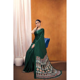 Women's Satin Crepe Printed Saree With Unstitched Blouse 5.5Mtr (Bottle Green)