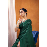 Women's Satin Crepe Printed Saree With Unstitched Blouse 5.5Mtr (Bottle Green)