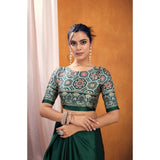 Women's Satin Crepe Printed Saree With Unstitched Blouse 5.5Mtr (Bottle Green)