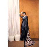 Women's Satin Crepe Printed Saree With Unstitched Blouse 5.5Mtr (Black)