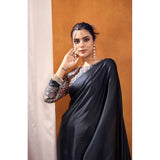Women's Satin Crepe Printed Saree With Unstitched Blouse 5.5Mtr (Black)
