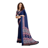 Women's Satin Crepe Printed Saree With Unstitched Blouse 5.5Mtr (Navy Blue)