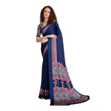 Women's Satin Crepe Printed Saree With Unstitched Blouse 5.5Mtr (Navy Blue)