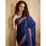 Women's Satin Crepe Printed Saree With Unstitched Blouse 5.5Mtr (Navy Blue)