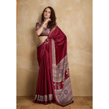 Women's Satin Crepe Printed Saree With Unstitched Blouse 5.5Mtr (Maroon)
