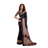 Black satin crepe printed saree with unstitched blouse (5.5mtr)