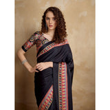 Women's Satin Crepe Printed Saree With Unstitched Blouse 5.5Mtr (Black)