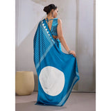 Women's Satin Crepe Printed Saree With Unstitched Blouse 5.5Mtr (Rama Blue)