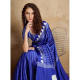 Women's Satin Crepe Printed Saree With Unstitched Blouse 5.5Mtr (Navy Blue)