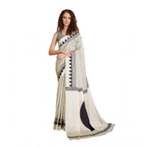 White satin crepe printed saree with unstitched blouse, 5.5Mtr length