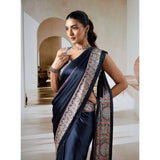Women's Satin Crepe Printed Saree With Unstitched Blouse 5.5Mtr (Navy Blue)