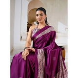 Women's Satin Crepe Printed Saree With Unstitched Blouse 5.5Mtr (Purple)