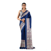 Women's Satin Crepe Printed Saree With Unstitched Blouse 5.5Mtr (Blue)