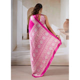 Women's Satin Crepe Printed Saree With Unstitched Blouse 5.5Mtr (Pink)
