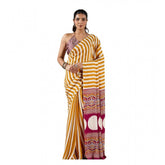 Mustard satin crepe printed saree with unstitched blouse, vibrant floral design on display