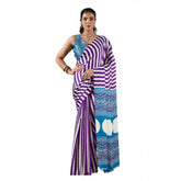 Purple satin crepe printed saree with unstitched blouse (5.5Mtr), elegant Indian fashion on mannequin