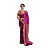 Women's Satin Crepe Printed Saree With Unstitched Blouse 5.5Mtr (Purple)