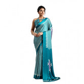 Rama Blue satin crepe printed saree with unstitched blouse, 5.5Mtr