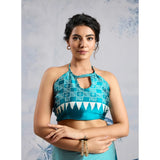 Women's Satin Crepe Printed Saree With Unstitched Blouse 5.5Mtr (Rama Blue)