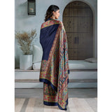 Women's Satin Crepe Printed Saree With Unstitched Blouse 5.5Mtr (Navy Blue)