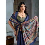 Women's Satin Crepe Printed Saree With Unstitched Blouse 5.5Mtr (Navy Blue)