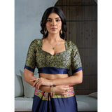 Women's Satin Crepe Printed Saree With Unstitched Blouse 5.5Mtr (Navy Blue)
