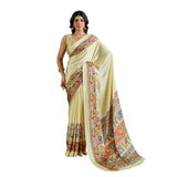Women's Satin Crepe Printed Saree With Unstitched Blouse 5.5Mtr (Cream)