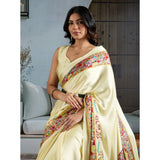 Women's Satin Crepe Printed Saree With Unstitched Blouse 5.5Mtr (Cream)