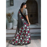 Women's Satin Crepe Printed Saree With Unstitched Blouse 5.5Mtr (Black)