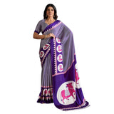 Women's Satin Crepe Printed Saree With Unstitched Blouse 5.5Mtr (Blue)