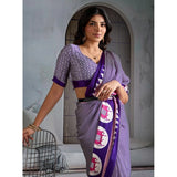 Women's Satin Crepe Printed Saree With Unstitched Blouse 5.5Mtr (Blue)