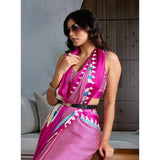 Women's Satin Crepe Printed Saree With Unstitched Blouse 5.5Mtr (Pink)