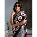 Women's Satin Crepe Printed Saree With Unstitched Blouse 5.5Mtr (Black)